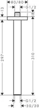 Hansgrohe Deckenanschluss mit Befestigungselementen. Abmessungen und Gewindespezifikationen sind im technischen Diagramm dargestellt.